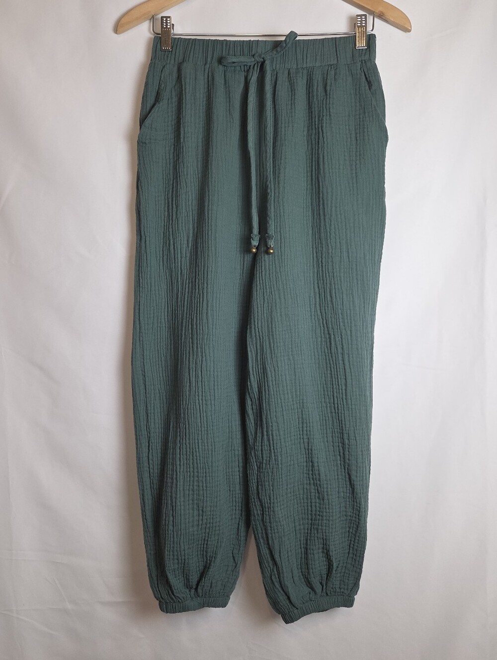 Beachy Green Cotton Gauze Jogger Pants Women M Casual Loungewear Pockets